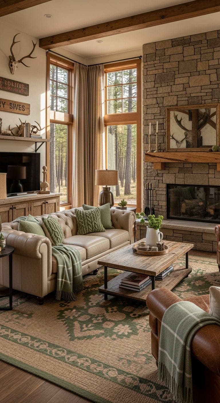 rustic lodge sage plaid living room