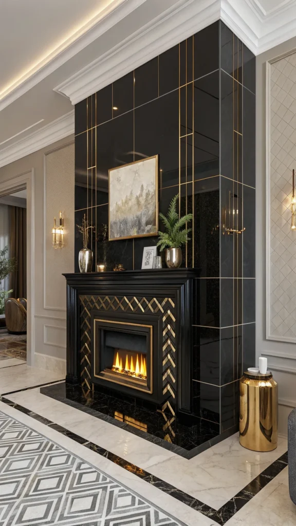 Glossy Black Tiled Fireplace