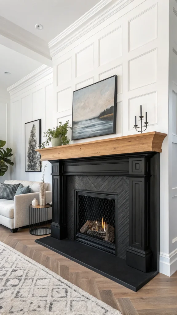 Black Fireplace with White Walls