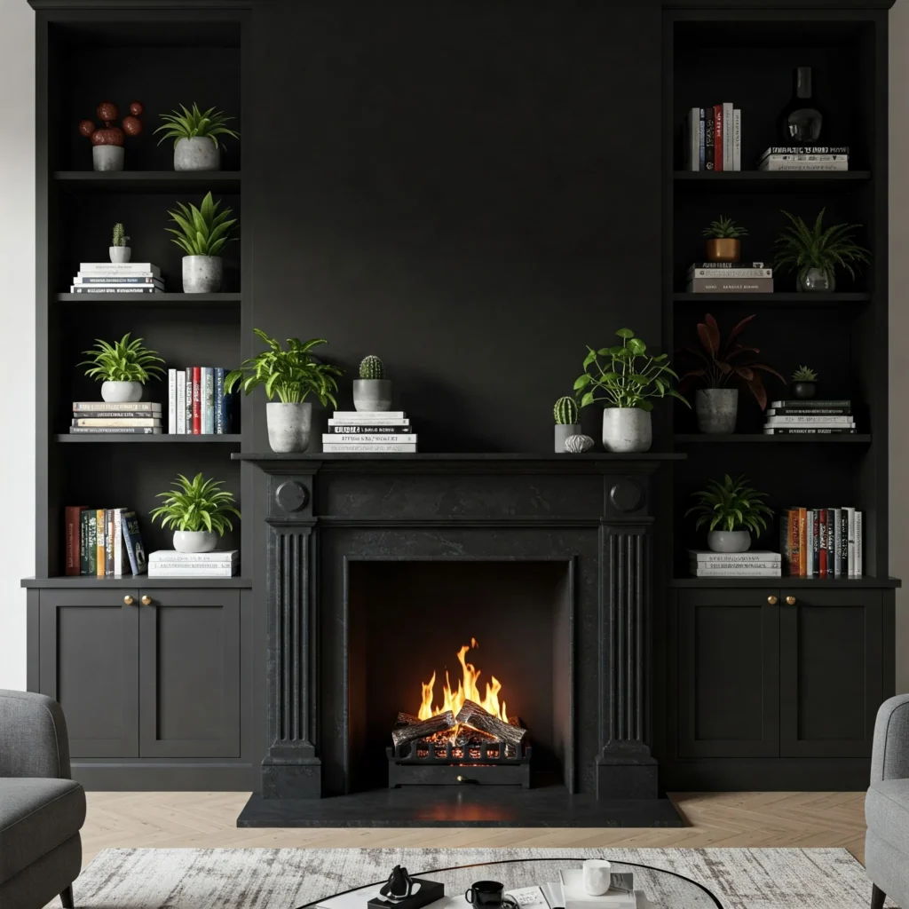 Black Built-In Shelves Around Fireplace