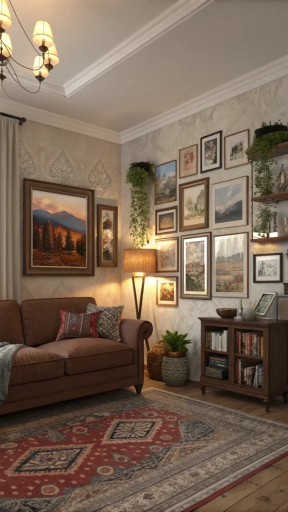 Living room with personalized artwork and photos