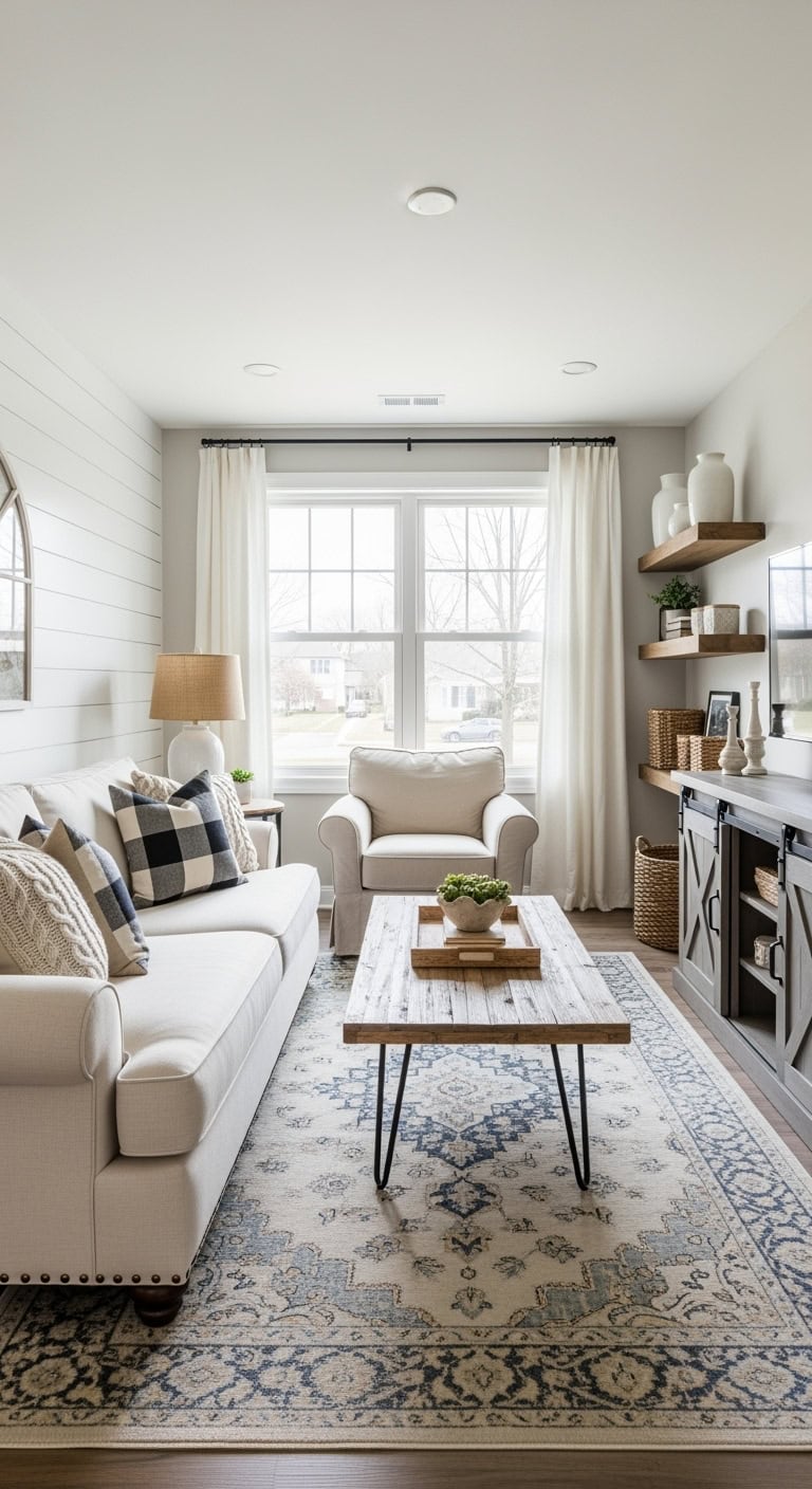 Modern farmhouse living room with shiplap