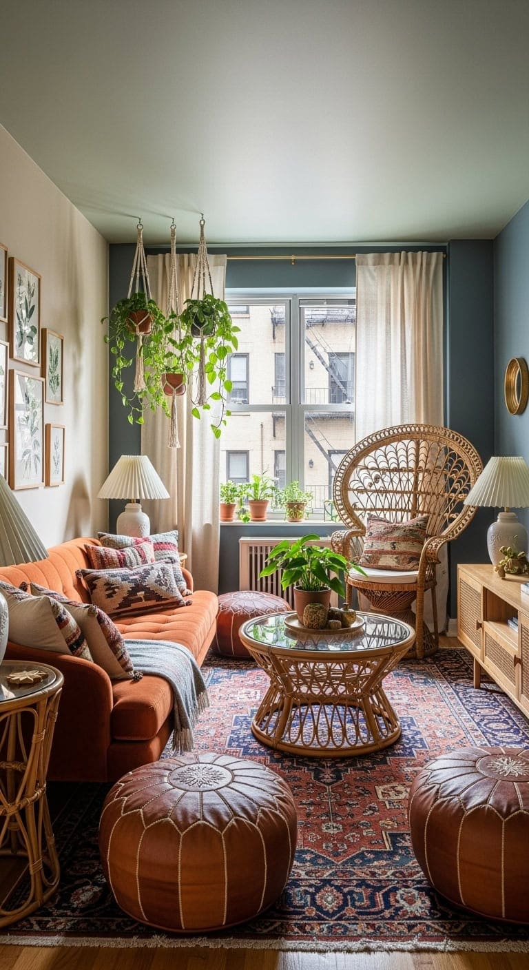 Boho living room with plants and textiles