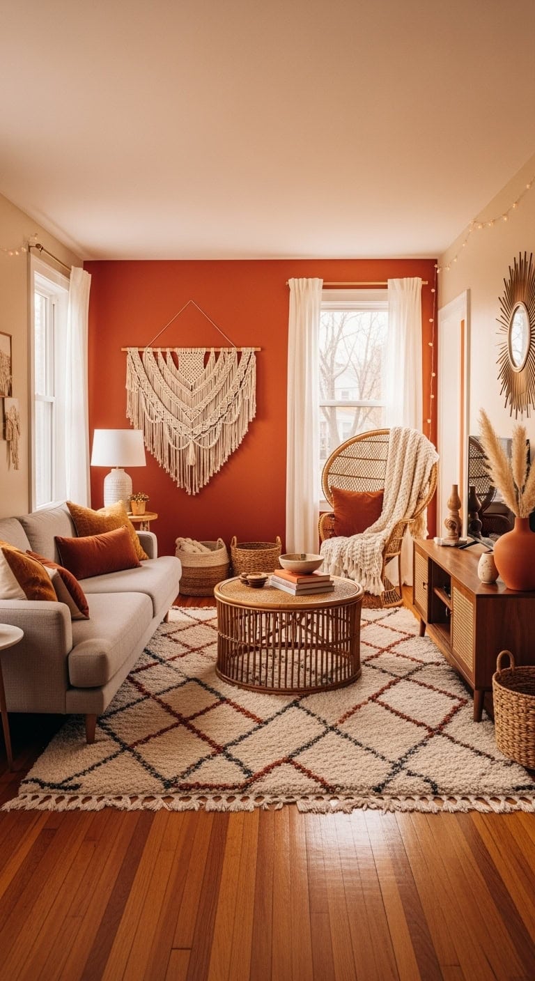 bohemian style layered textiles and warm tones