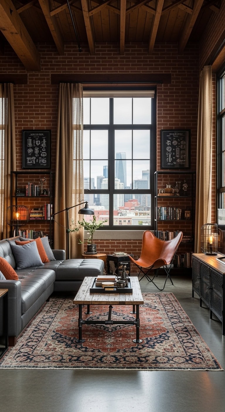 industrial loft style living room with exposed brick
