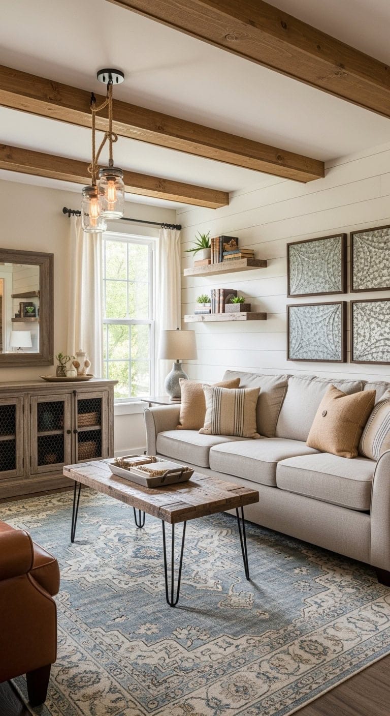 cozy farmhouse style living room with reclaimed wood