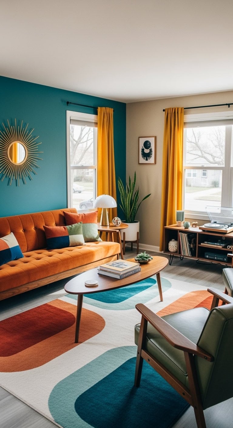 mid-century modern living room with walnut furniture