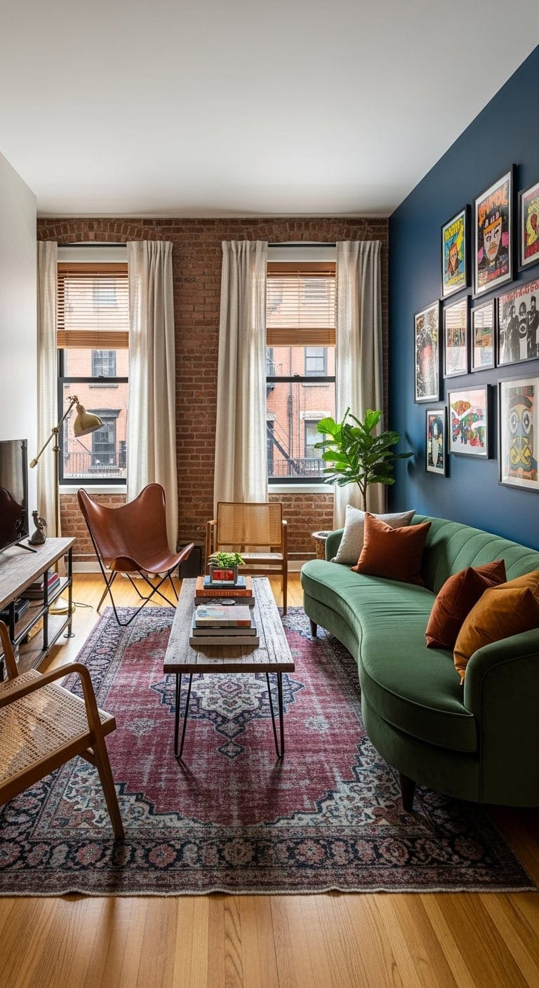 urban eclectic living room with street art and vintage furniture