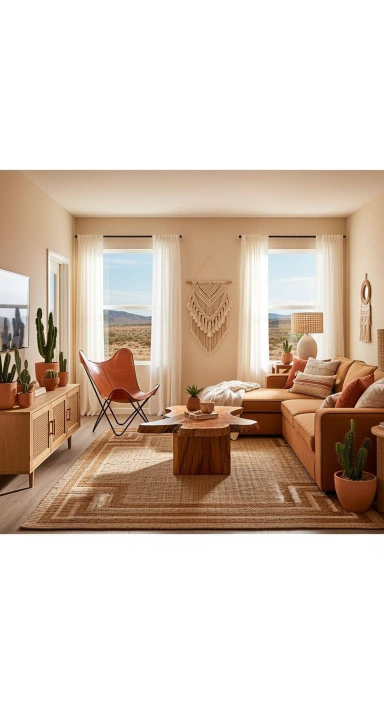 desert modern living room with terracotta and cacti