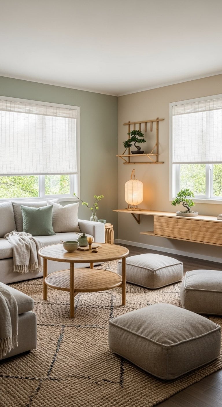 minimalist living room with bamboo furniture and floor cushions