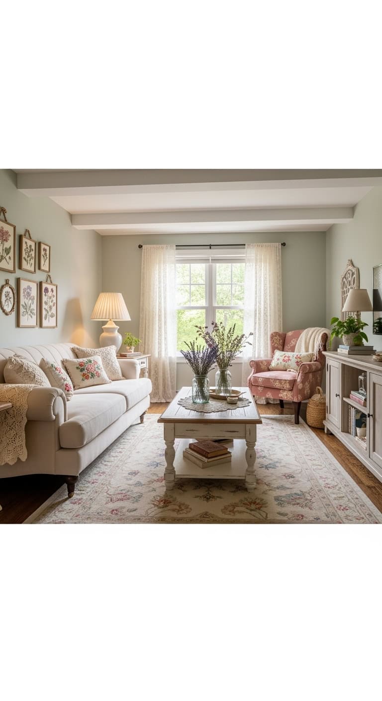 cottagecore living room with dried flowers and lace
