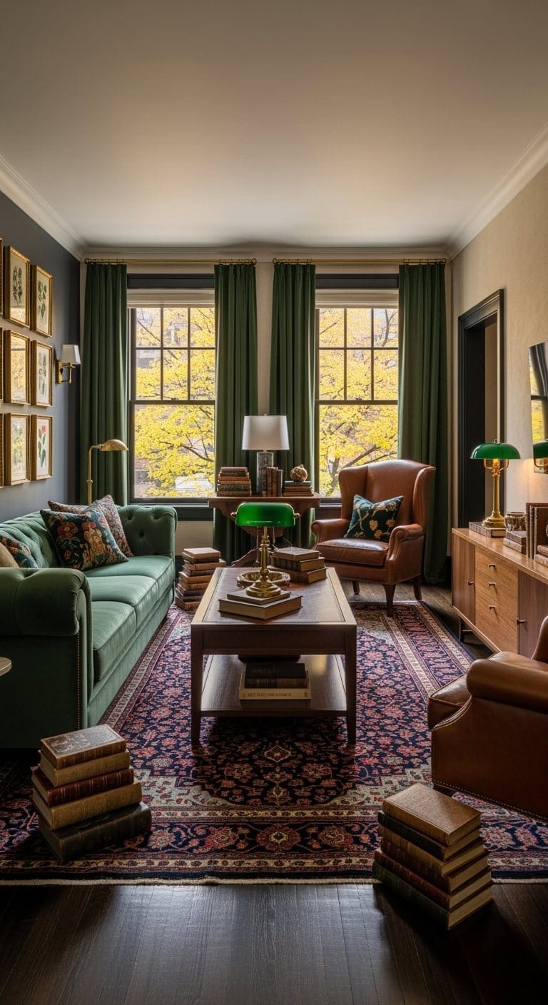 dark academia style living room with vintage books and brass lamps