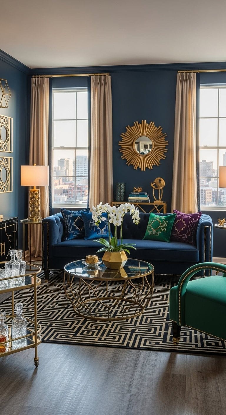 art deco style living room with velvet and gold accents