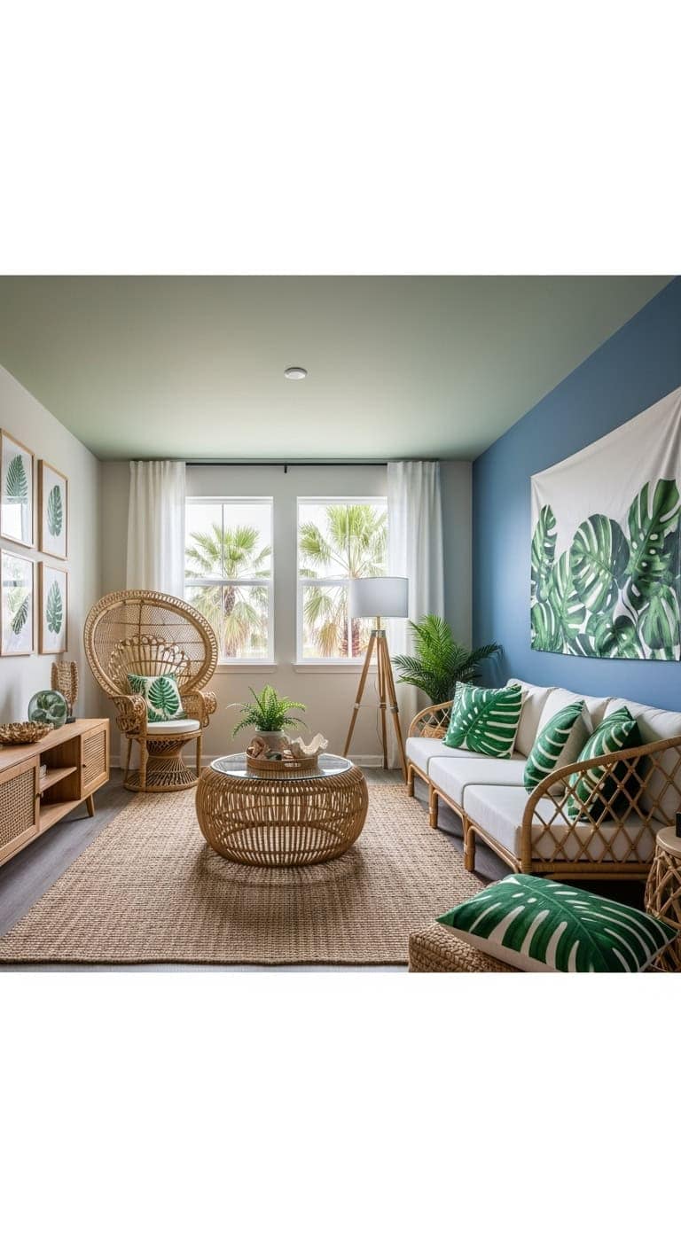 tropical living room with rattan furniture and botanical prints