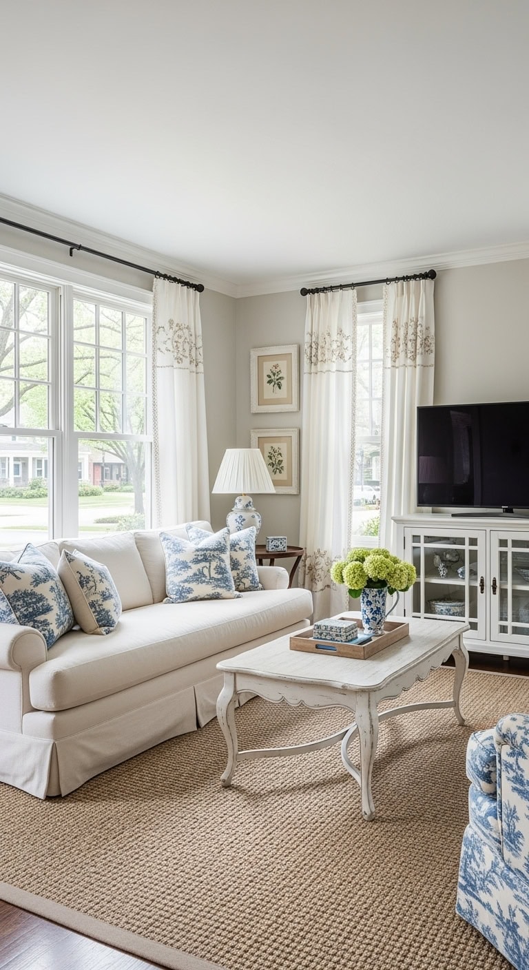 french country style living room with toile patterns