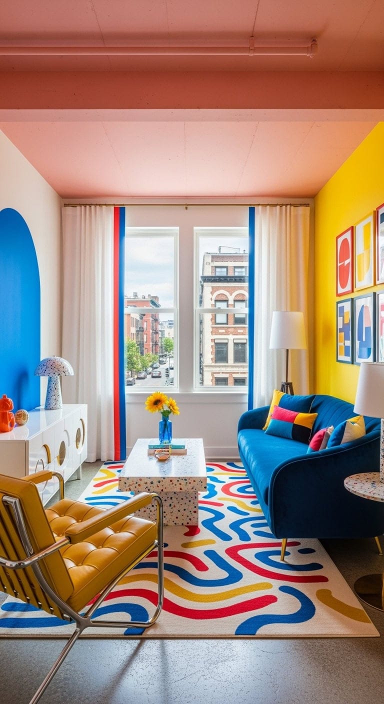 memphis design living room with bold colors and squiggles