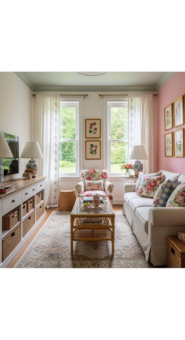 english garden style living room with floral patterns