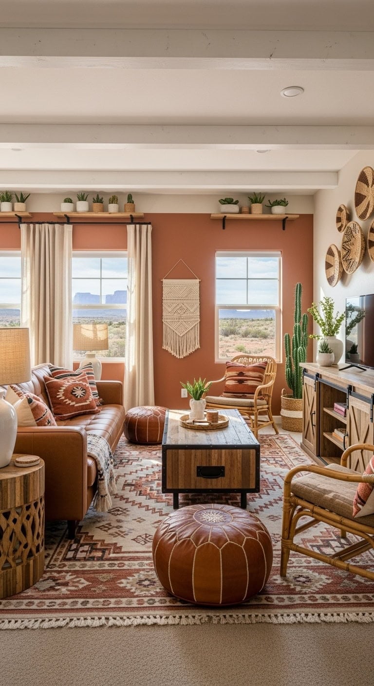 southwestern style living room with terracotta and leather