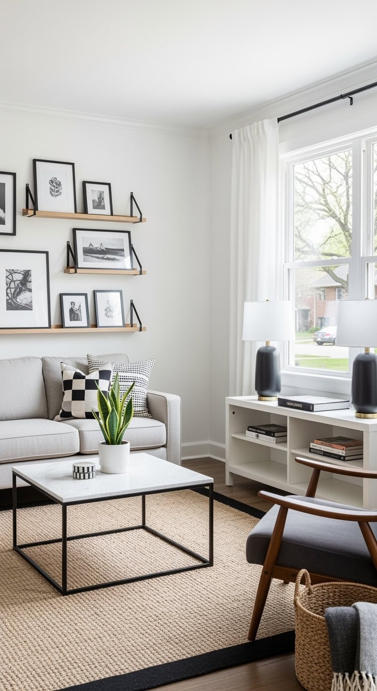 minimalist living room with floating shelves and black frames