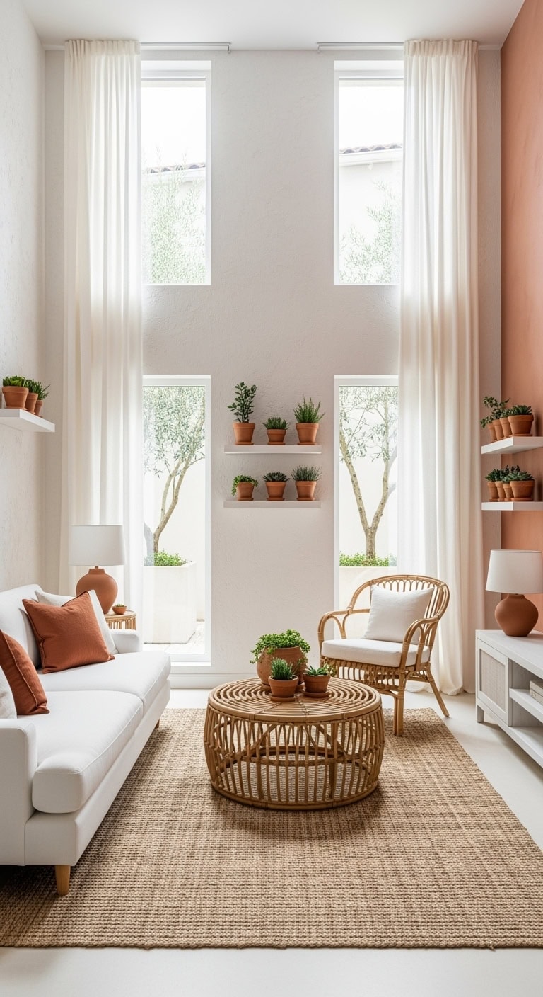 mediterranean style living room with terracotta accents