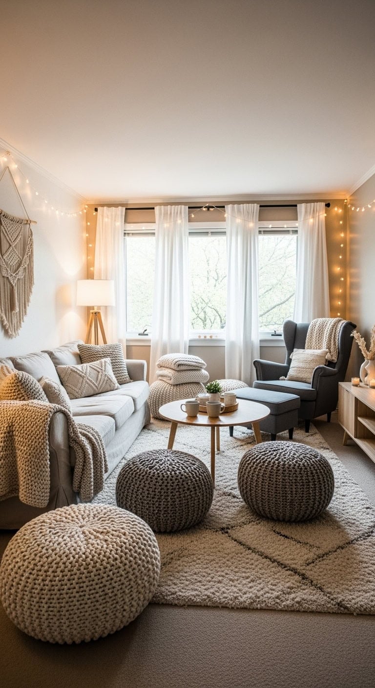 cozy hygge living nook with string lights and knit poufs
