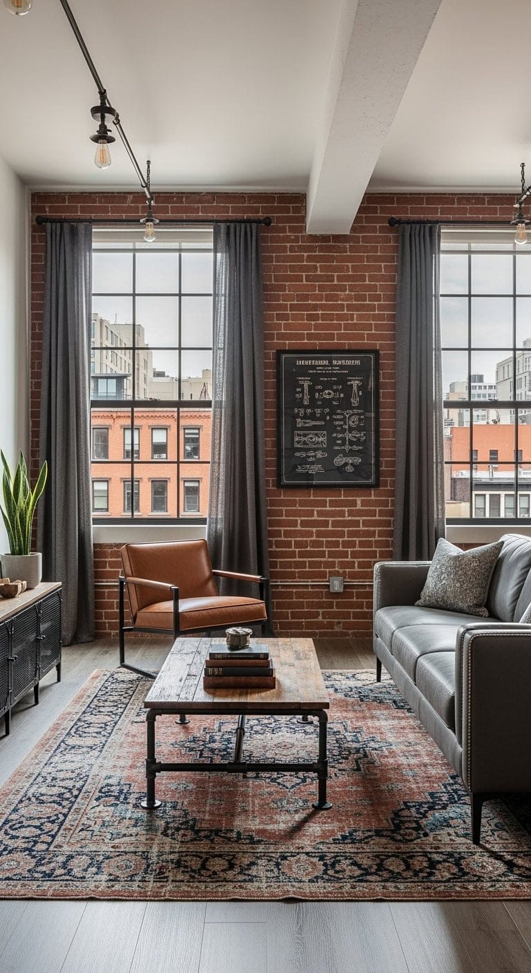 exposed brick industrial living room