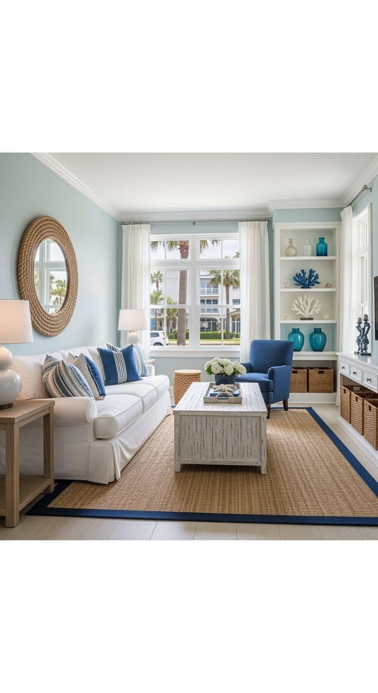 blue and white coastal living room