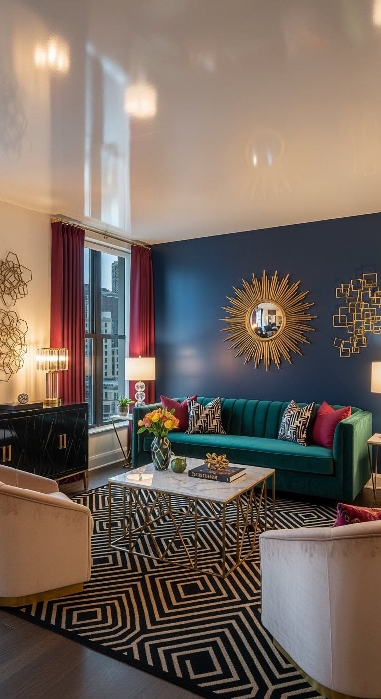jewel toned art deco living room