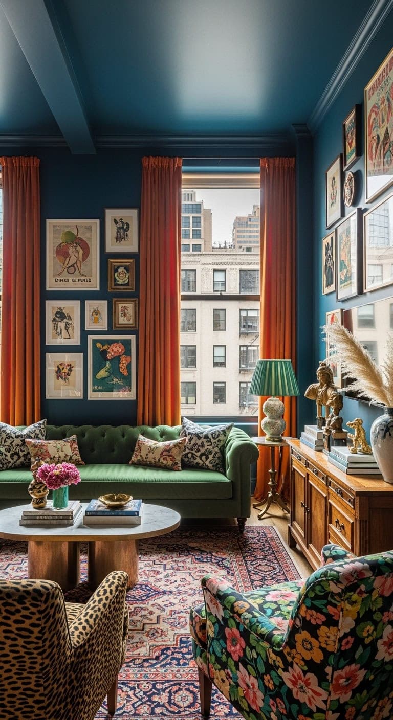 maximalist jewel toned living room