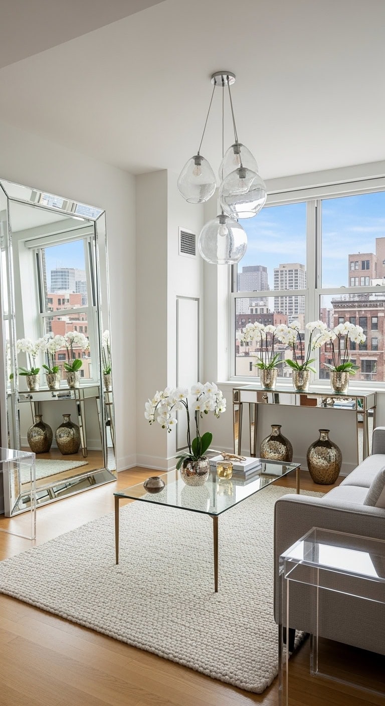 mirrors and glass in living room