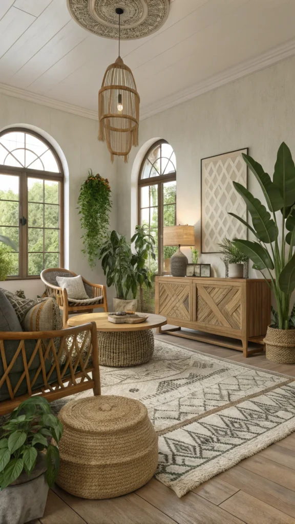 Boho living room with natural textures and greenery