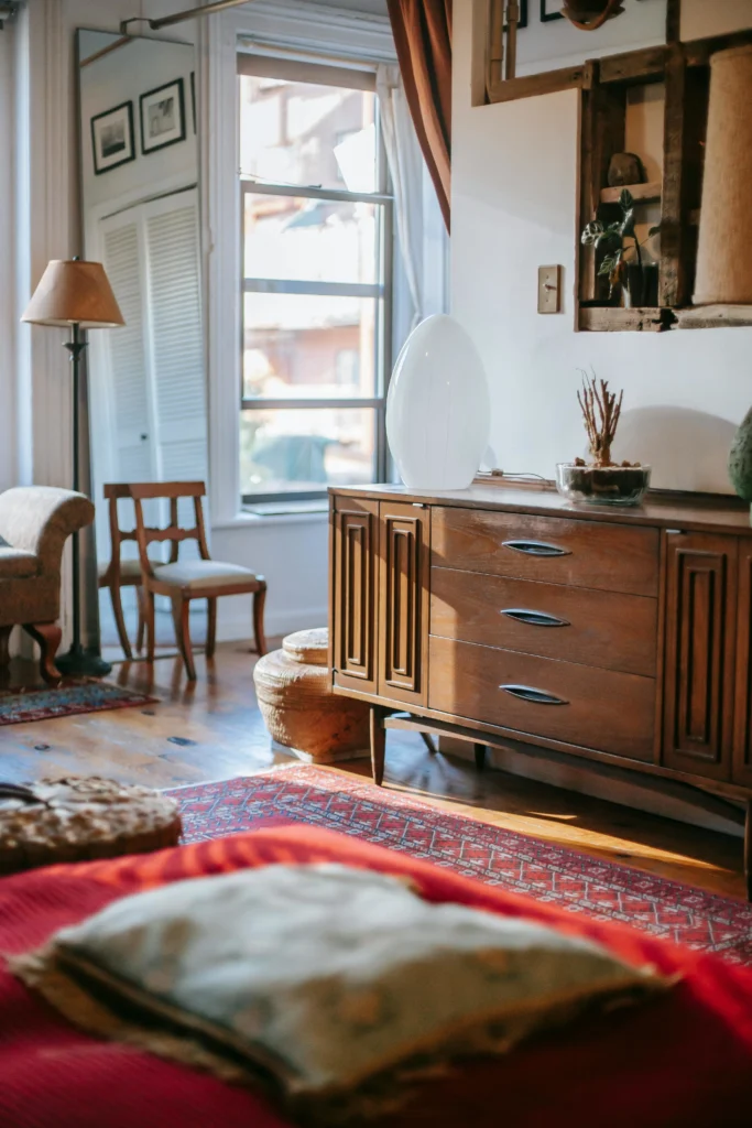 Sustainable and upcycled furniture in a cozy room