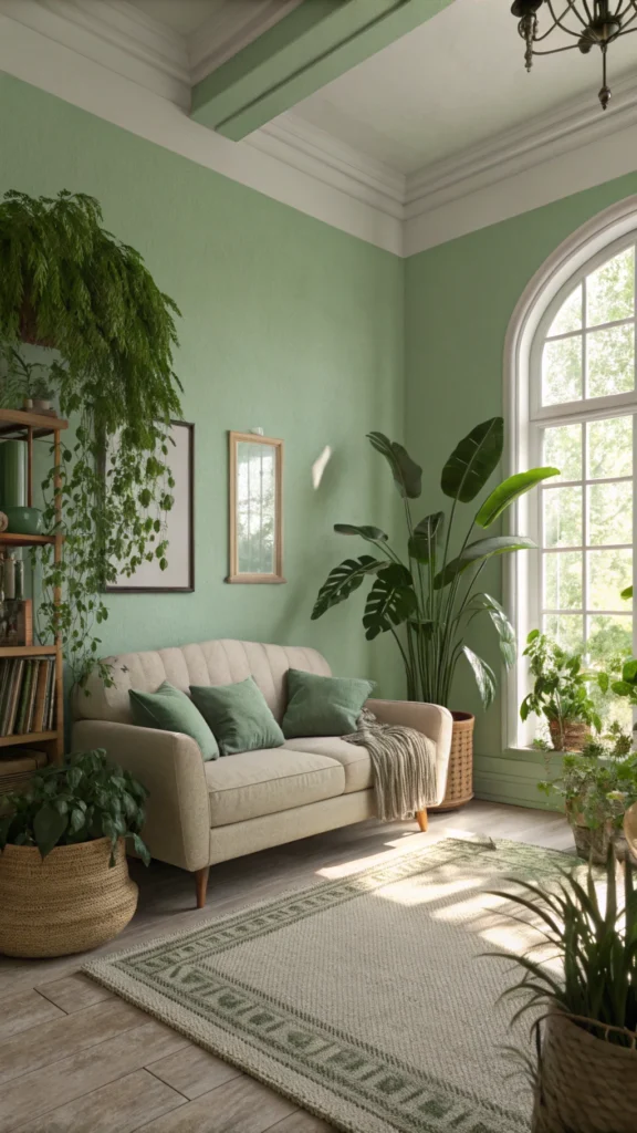 Calming sitting room with soft green walls and plants
