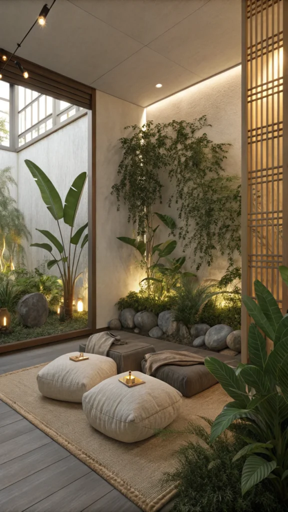 Meditation corner with cushions and plants