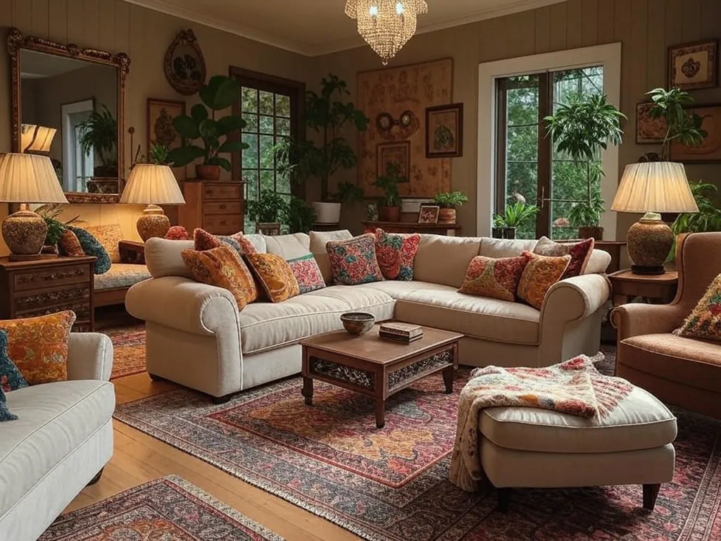 Boho sitting room with layered textures and rich colors