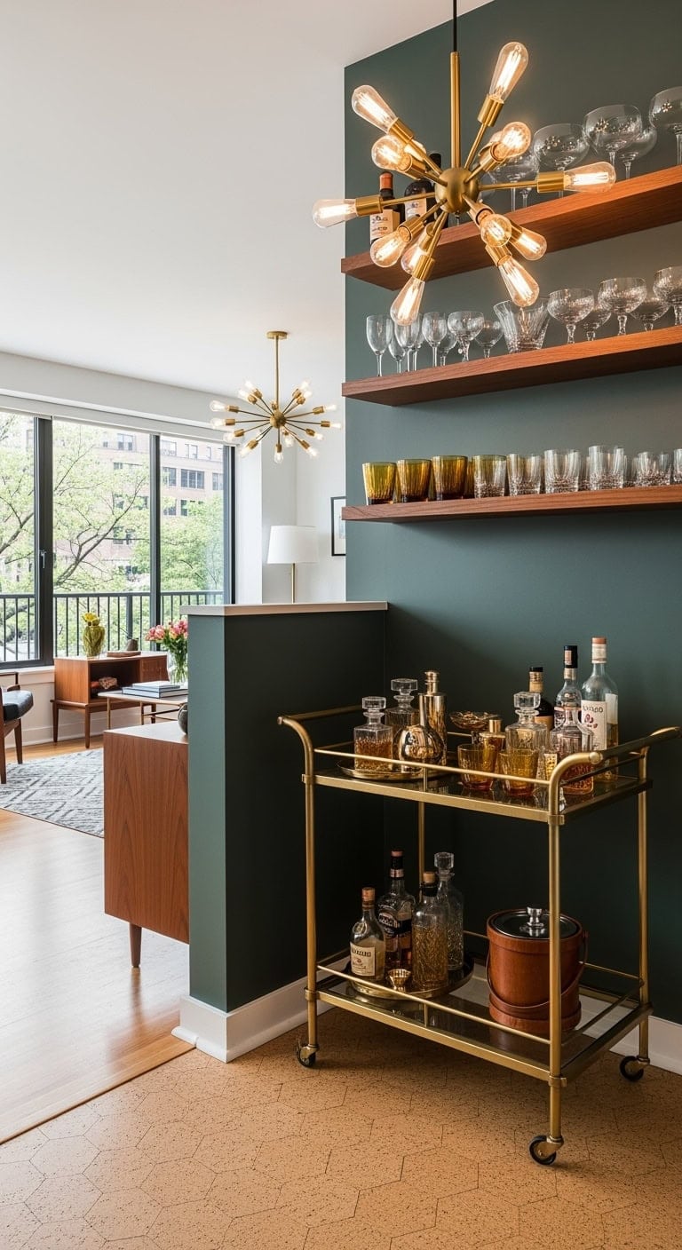 vintage brass cocktail cart vignette