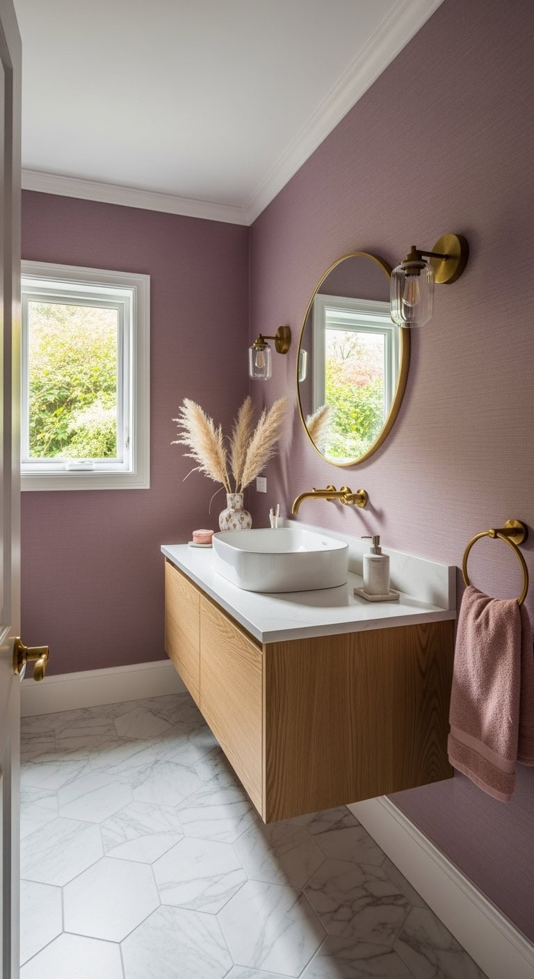 bold mauve boutique powder room