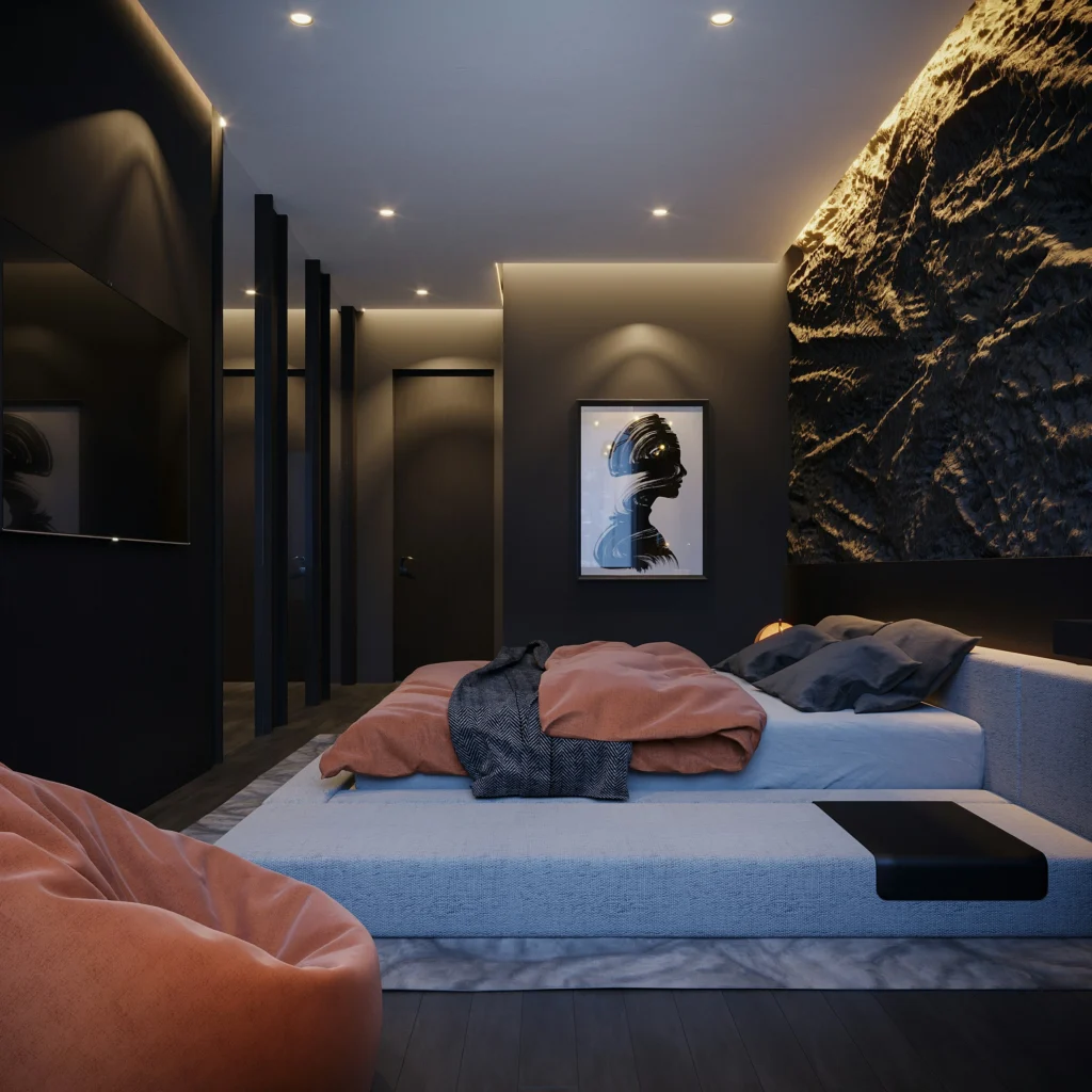 Dark moody bedroom with textured wall