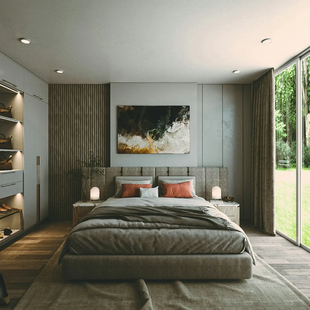 Bedroom with large windows and wood accents