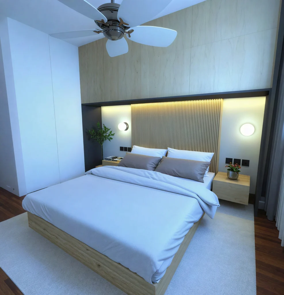 Minimalist bedroom with integrated lighting