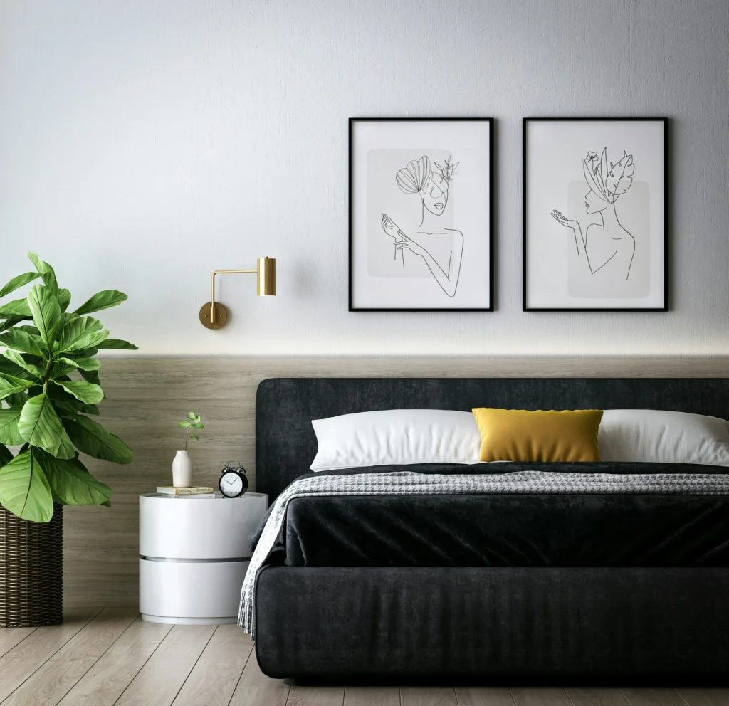 Bedroom with line art and bold accents