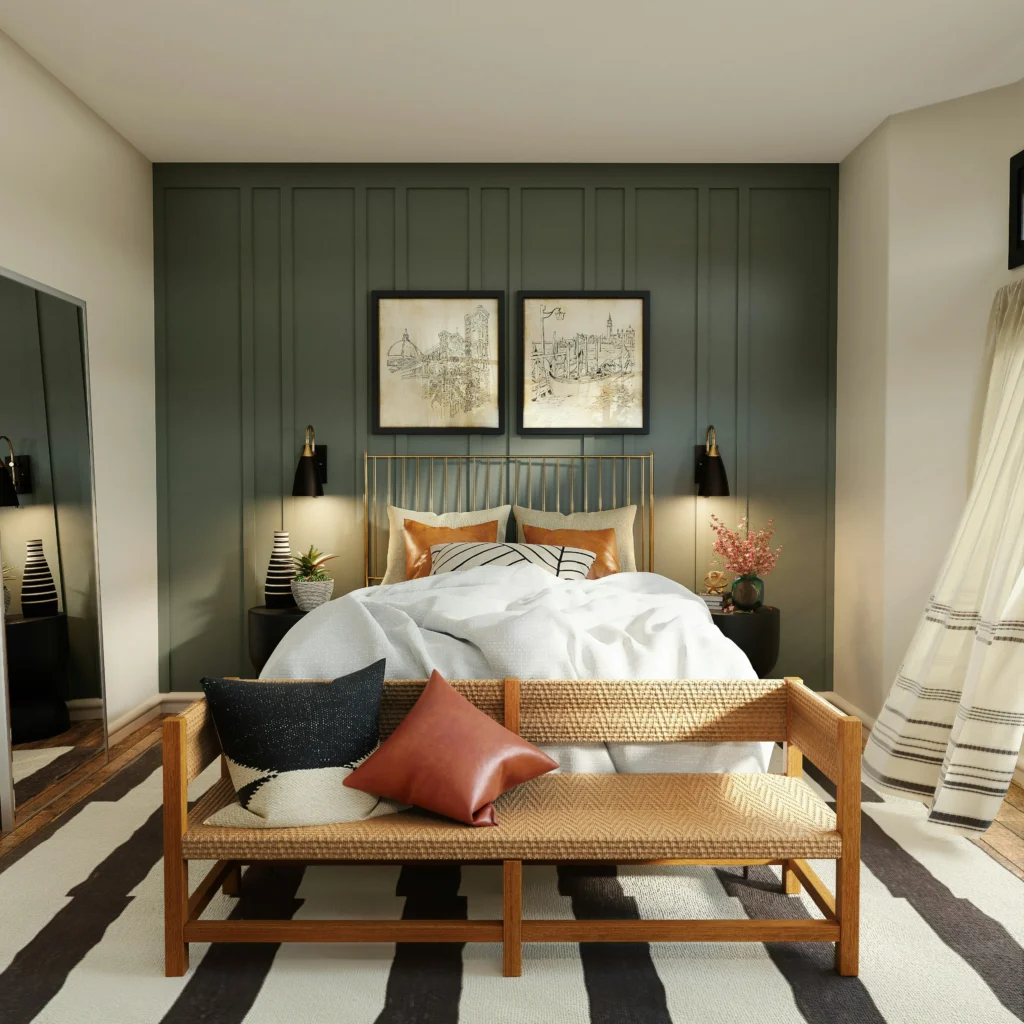 Bedroom with rattan bench and green accent wall