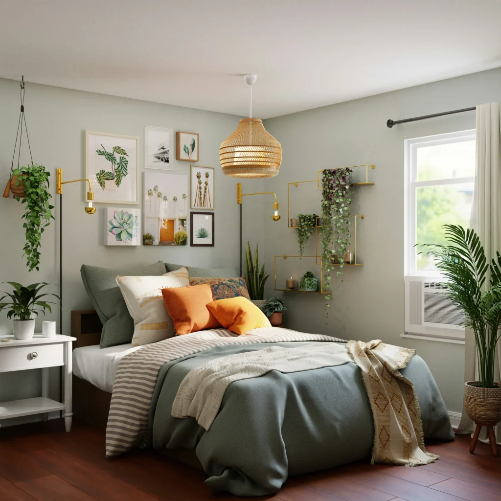 Bedroom with grey bedding and green accents