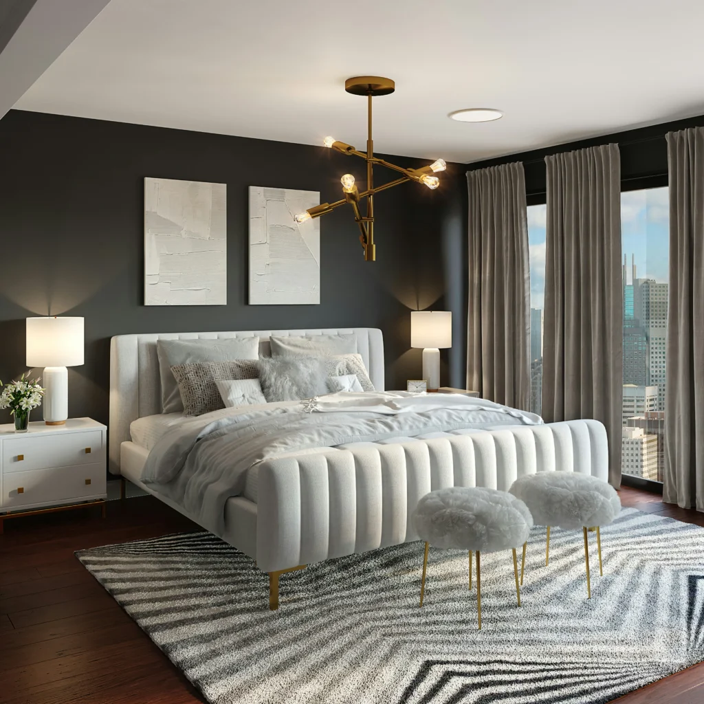 Glamorous bedroom with tufted bed and gold accents