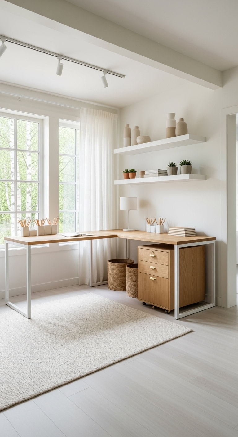 scandinavian oak minimalist corner workspace