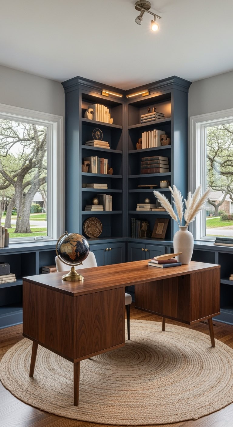 cozy built-in bookshelf workspace