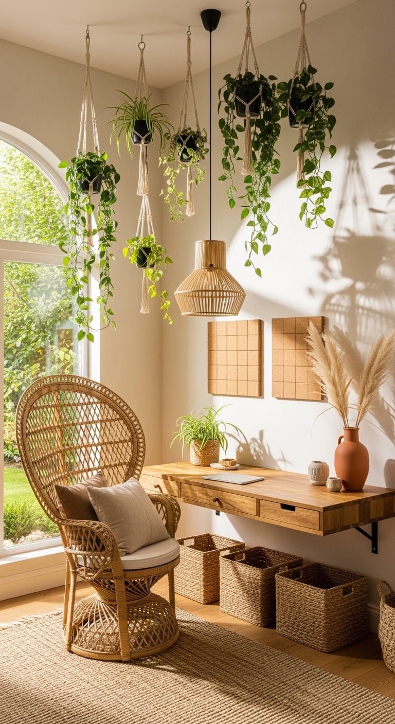 boho rattan woven workspace