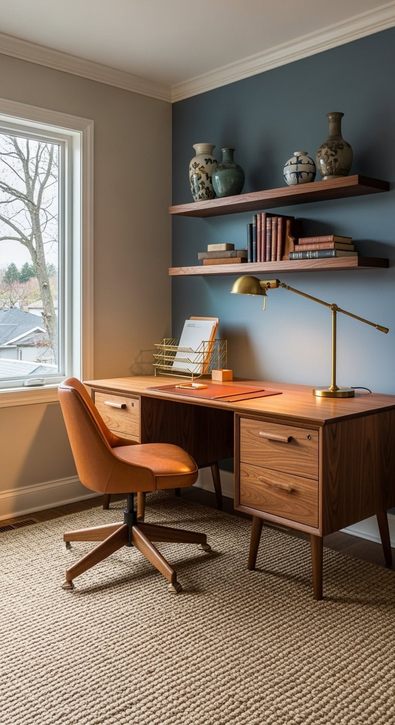 mid-century walnut corner workspace