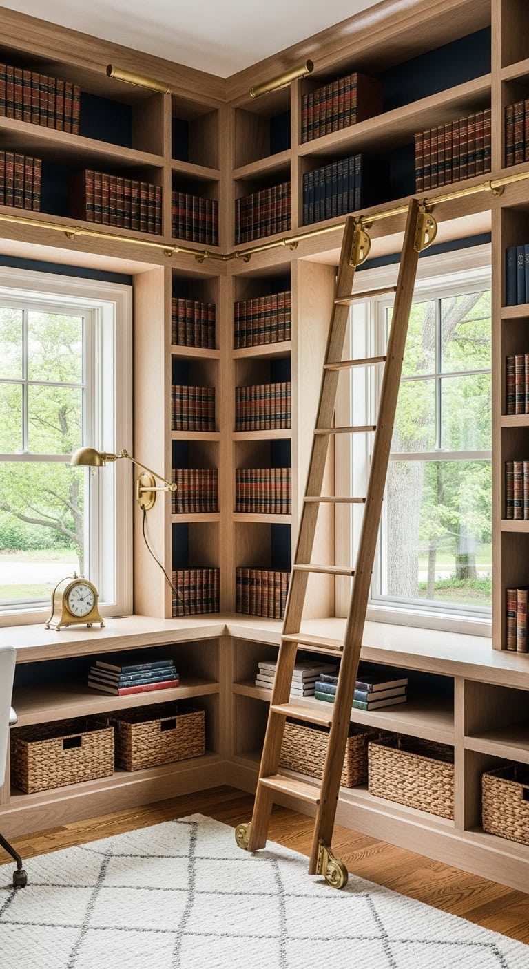 corner library office with ladder