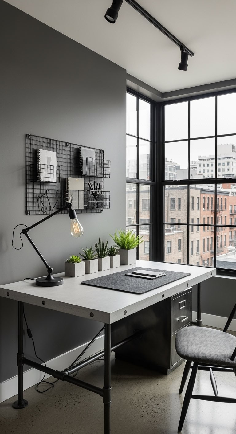 polished concrete industrial corner desk